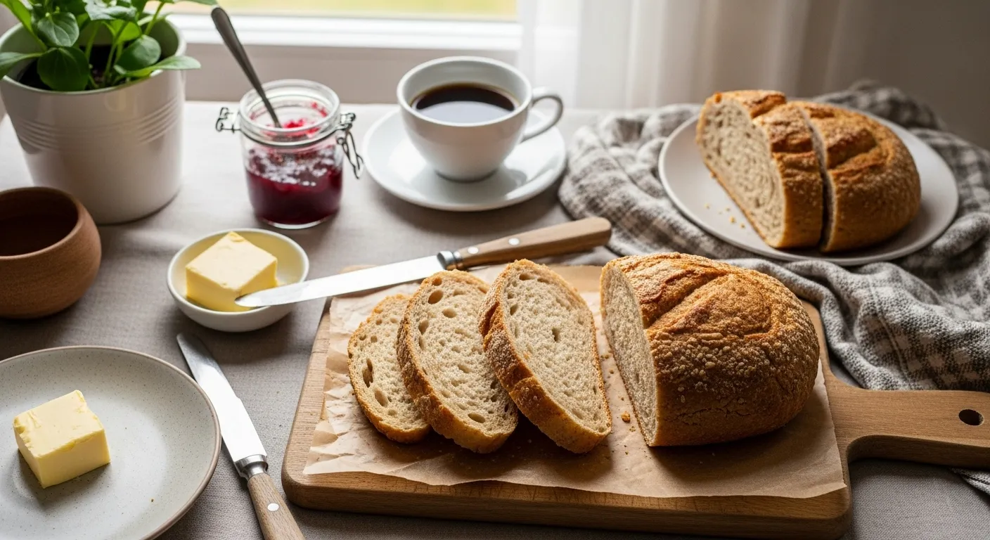 Mesa de café da manhã com pão caseiro quentinho
